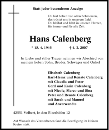 Traueranzeige von Hans Calenberg von Tageszeitung