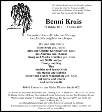 Traueranzeige von Benni Kruis von Tageszeitung