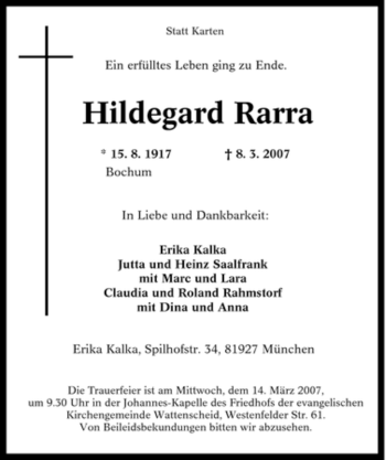 Traueranzeige von Hildegard Rarra von Tageszeitung