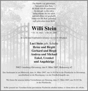 Traueranzeige von Willi Stein von Tageszeitung