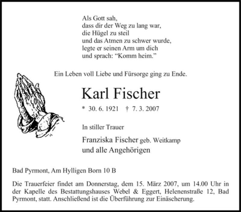  Traueranzeige für Karl Fischer vom 10.03.2007 aus Tageszeitung