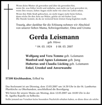 Traueranzeige von Gerda Leismann von Tageszeitung