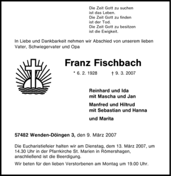 Traueranzeige von Franz Fischbach von Tageszeitung