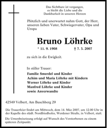 Traueranzeige von Bruno Löhrke von Tageszeitung