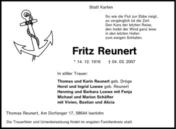 Traueranzeige von Fritz Reunert von Tageszeitung