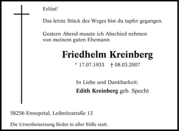 Traueranzeige von Friedhelm Kreinberg von Tageszeitung