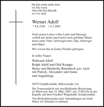 Traueranzeige von Werner Adolf von Tageszeitung