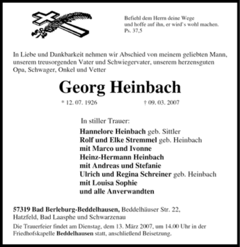 Traueranzeige von Georg Heinbach von Tageszeitung