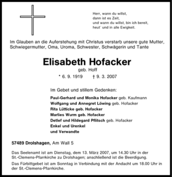 Traueranzeige von Elisabeth Hofacker von Tageszeitung