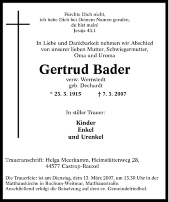 Traueranzeige von Gertrud Bader von Tageszeitung