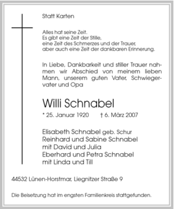 Traueranzeige von Willi Schnabel von Tageszeitung