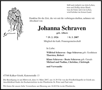 Traueranzeige von Johanna Schraven von Tageszeitung