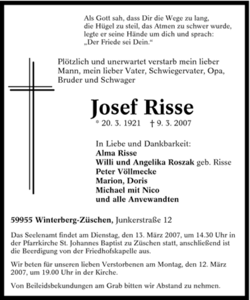  Traueranzeige für Josef Risse vom 10.03.2007 aus Tageszeitung