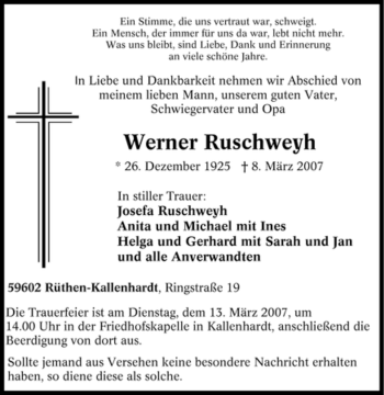 Traueranzeige von Werner Ruschweyh von Tageszeitung