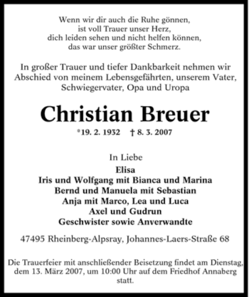 Traueranzeige von Christian Breuer von Tageszeitung