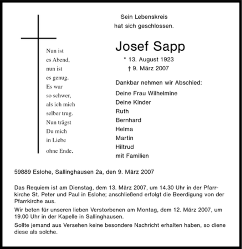  Traueranzeige für Josef Sapp vom 10.03.2007 aus Tageszeitung