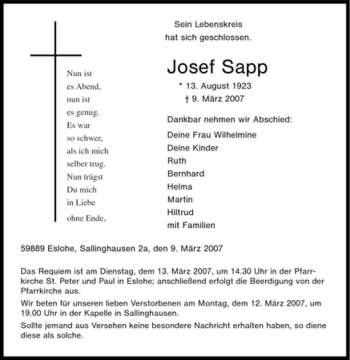 Traueranzeige von Josef Sapp von Tageszeitung