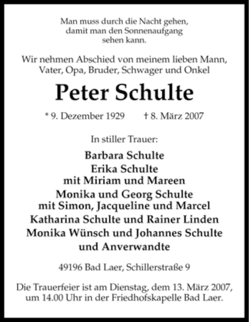 Traueranzeige von Peter Schulte von Tageszeitung