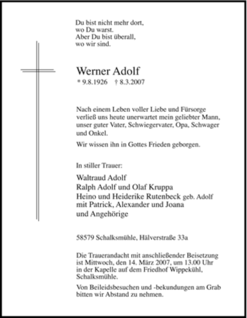 Traueranzeige von Werner Adolf von Tageszeitung