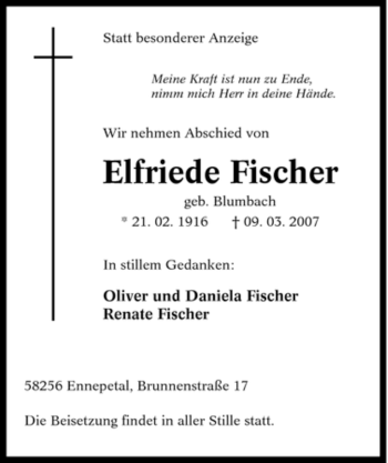 Traueranzeige von Elfriede Fischer von Tageszeitung