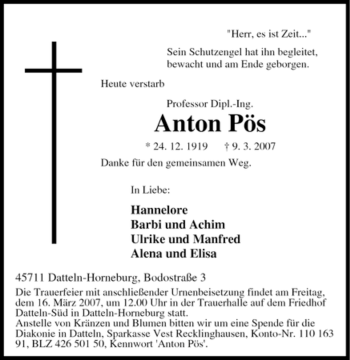 Traueranzeige von Anton Pös von Tageszeitung
