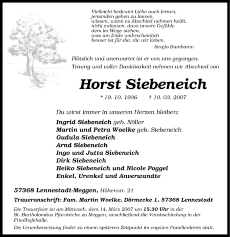  Traueranzeige für Horst Siebeneich vom 12.03.2007 aus Tageszeitung