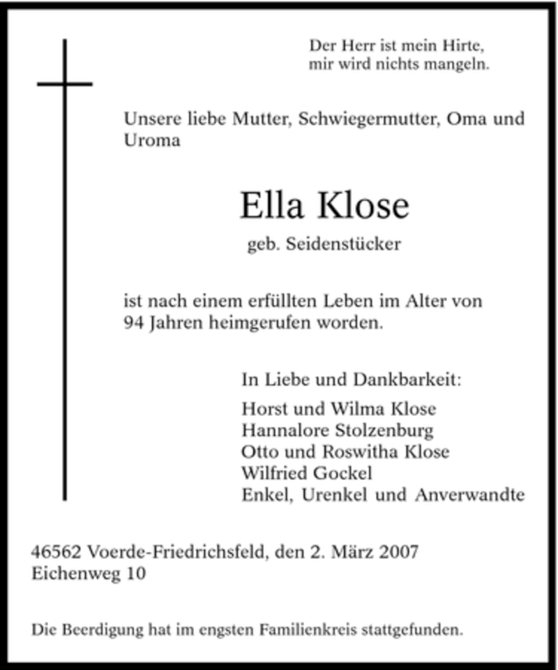  Traueranzeige für Ella Klose vom 12.03.2007 aus Tageszeitung