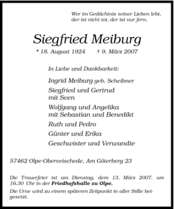 Traueranzeige von Siegfried Meiburg von Tageszeitung
