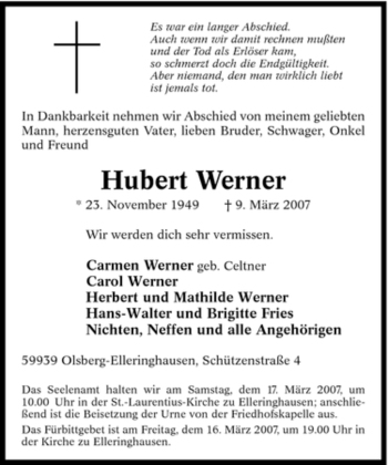 Traueranzeige von Hubert Werner von Tageszeitung