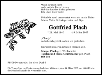 Traueranzeige von Gottfried Plach von Tageszeitung