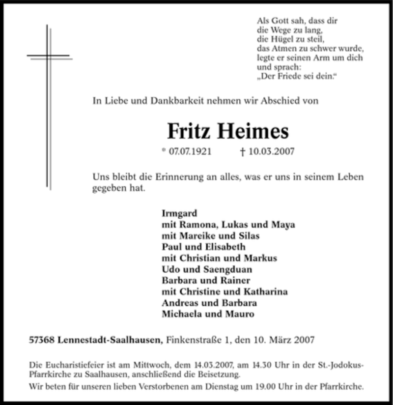 Traueranzeige für Fritz Heimes vom 12.03.2007 aus Tageszeitung