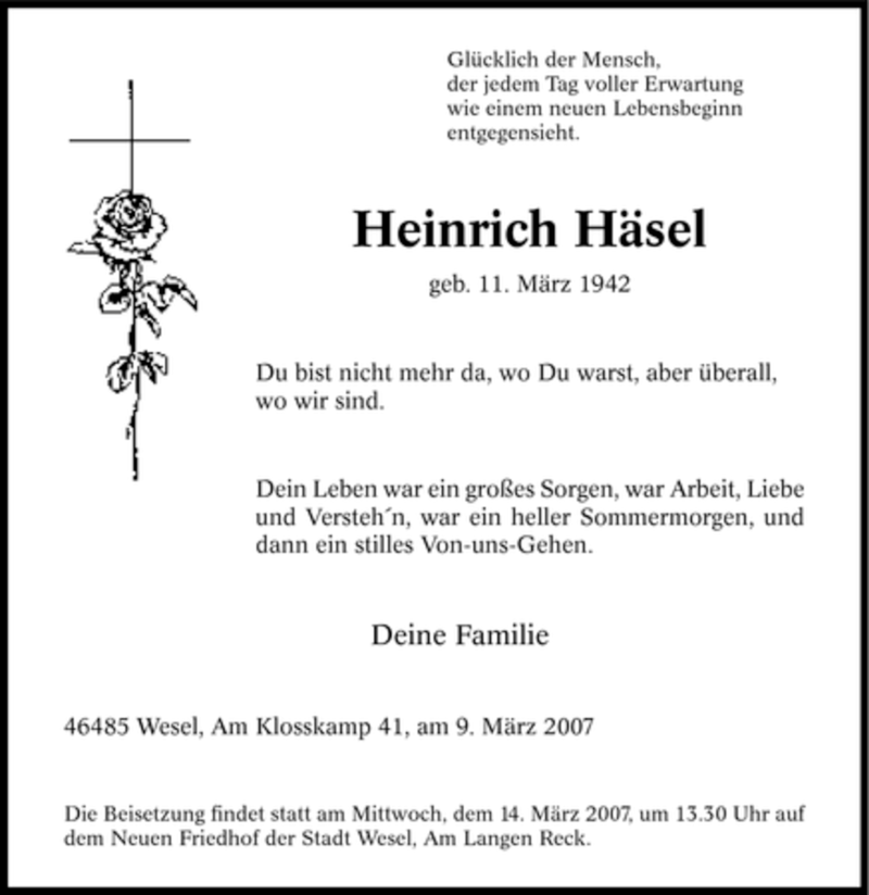  Traueranzeige für Heinrich Häsel vom 12.03.2007 aus Tageszeitung