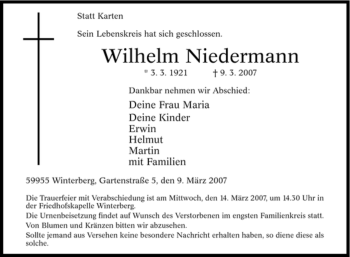 Traueranzeige von Wilhelm Niedermann von Tageszeitung