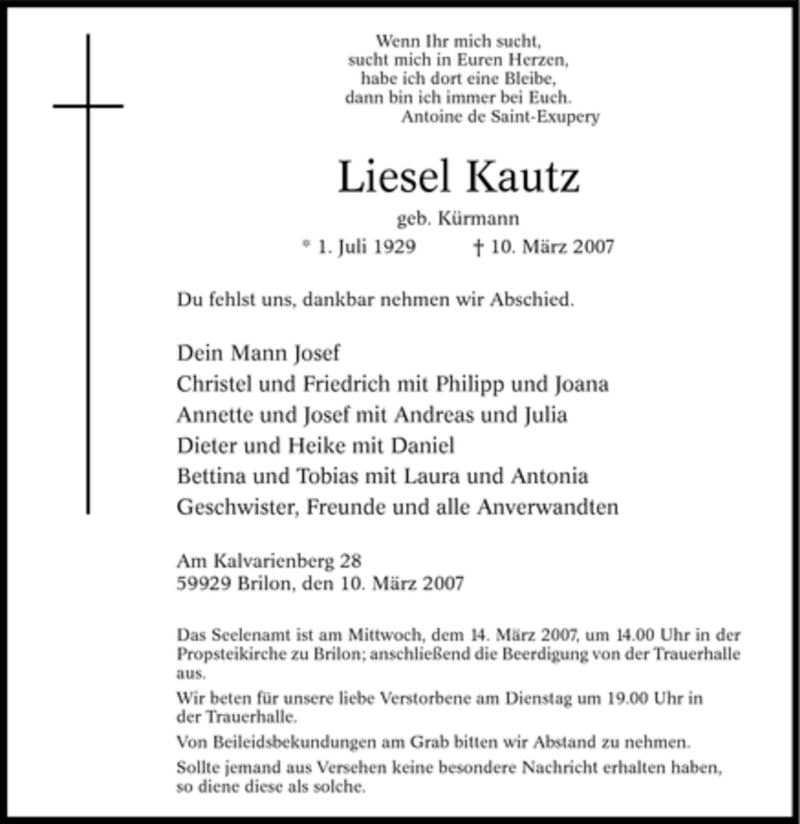  Traueranzeige für Liesel Kautz vom 12.03.2007 aus Tageszeitung