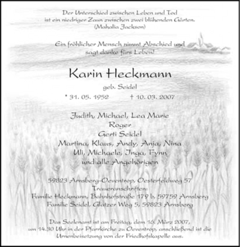 Traueranzeige von Karin Heckmann von Tageszeitung