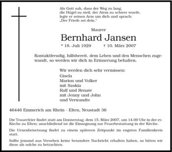 Traueranzeige von Bernhard Jansen von Tageszeitung
