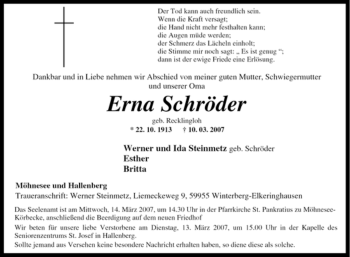 Traueranzeige von Erna Schröder von Tageszeitung