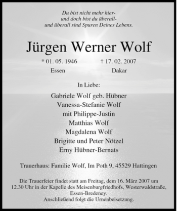 Traueranzeige von Jürgen Werner Wolf von Tageszeitung