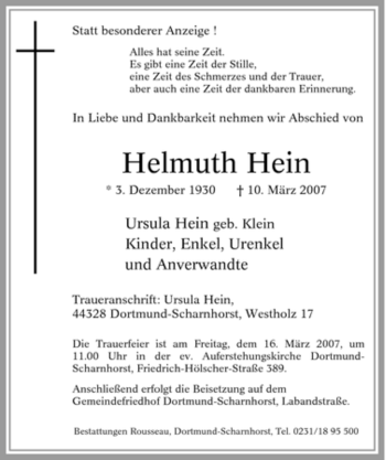 Traueranzeige von Helmuth Hein von Tageszeitung