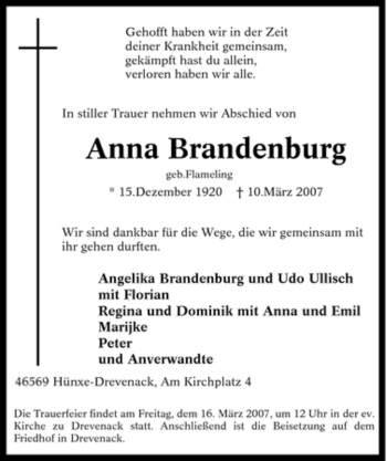 Traueranzeige von Anna Brandenburg von Tageszeitung