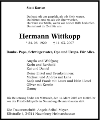 Traueranzeige von Hermann Wittkopp von Tageszeitung