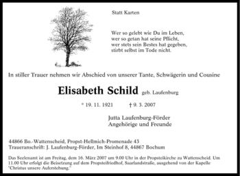 Traueranzeige von Elisabeth Schild von Tageszeitung