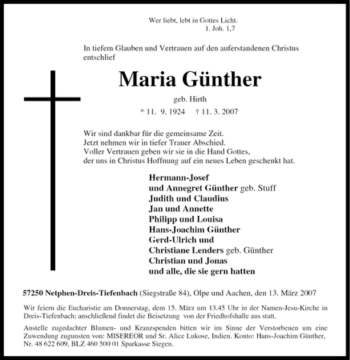 Traueranzeige von Maria Günther von Tageszeitung