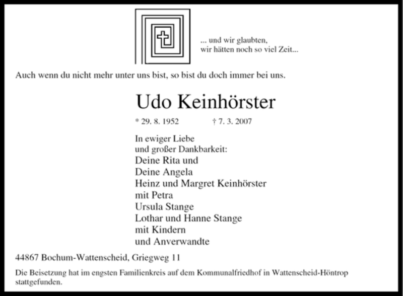  Traueranzeige für Udo Keinhörster vom 13.03.2007 aus Tageszeitung
