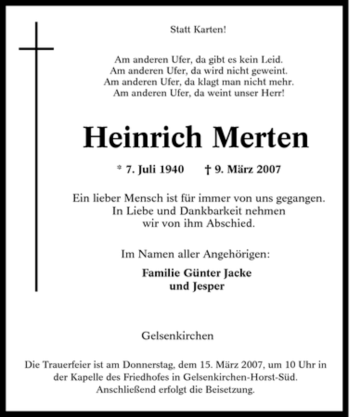 Traueranzeige von Heinrich Merten von Tageszeitung