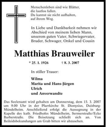 Traueranzeige von Matthias Brauweiler von Tageszeitung