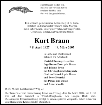 Traueranzeige von Kurt Braun von Tageszeitung