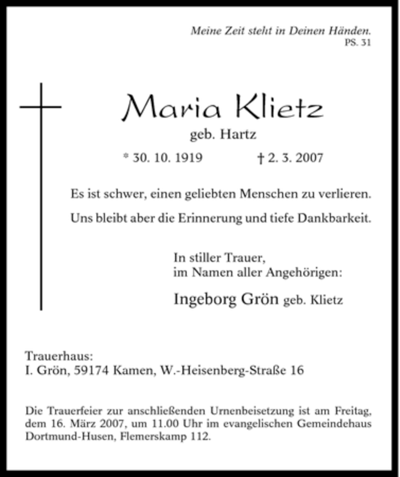  Traueranzeige für Maria Klietz vom 13.03.2007 aus Tageszeitung