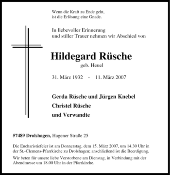 Traueranzeige von Hildegard Rüsche von Tageszeitung