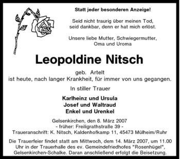 Traueranzeige von Leopoldine Nitsch von Tageszeitung